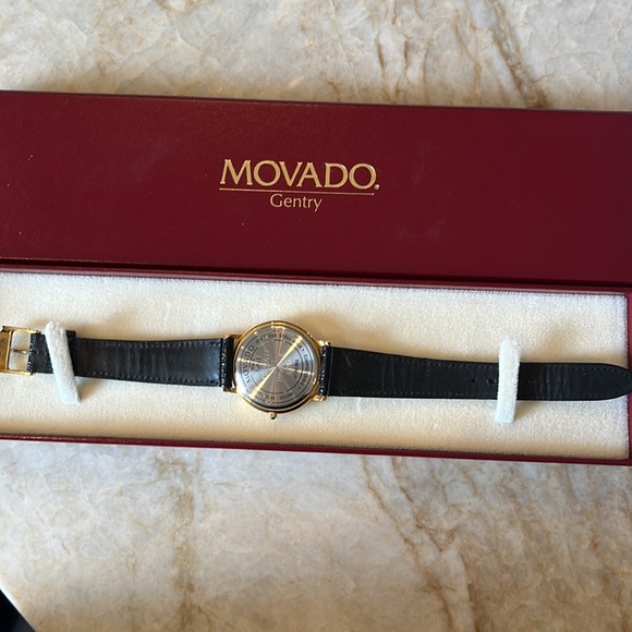 Excellent condition! Black leather band gold watch with blue face. - Picture 2 of 3